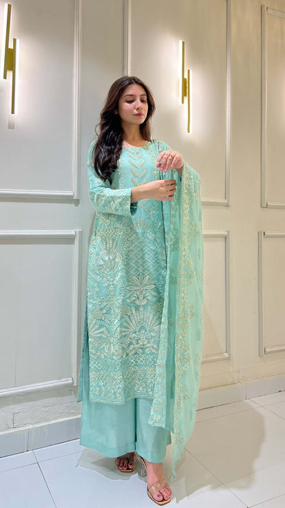 Model wearing light blue chiffon embroidered 3-piece suit Video