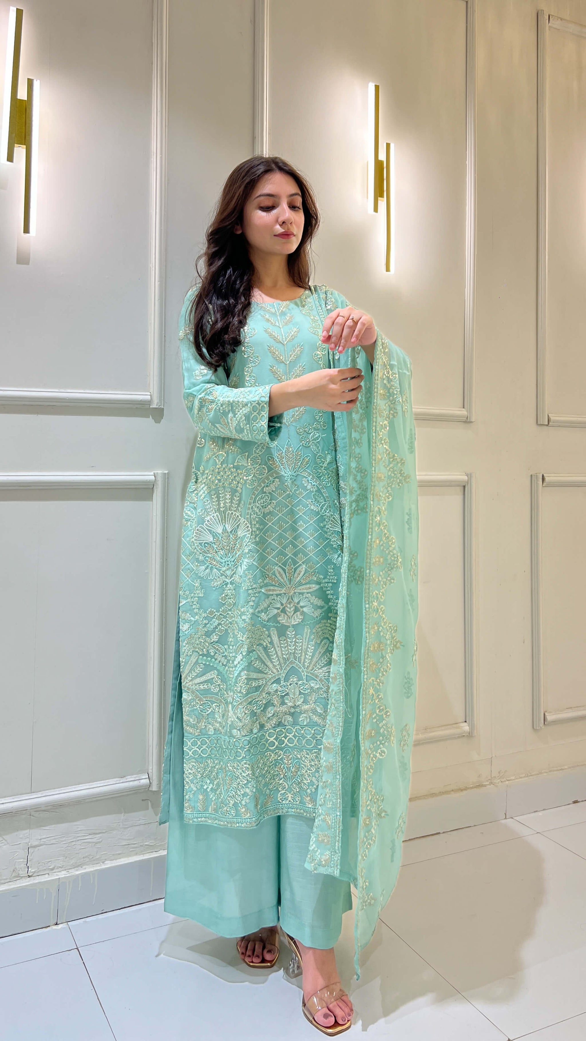 Model wearing light blue chiffon embroidered 3-piece suit Video