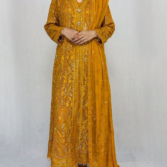 Mustard Yellow Pakistani Embroidered Chiffon Long Frock Dress Anarkali Suit for Women Complete Look Video