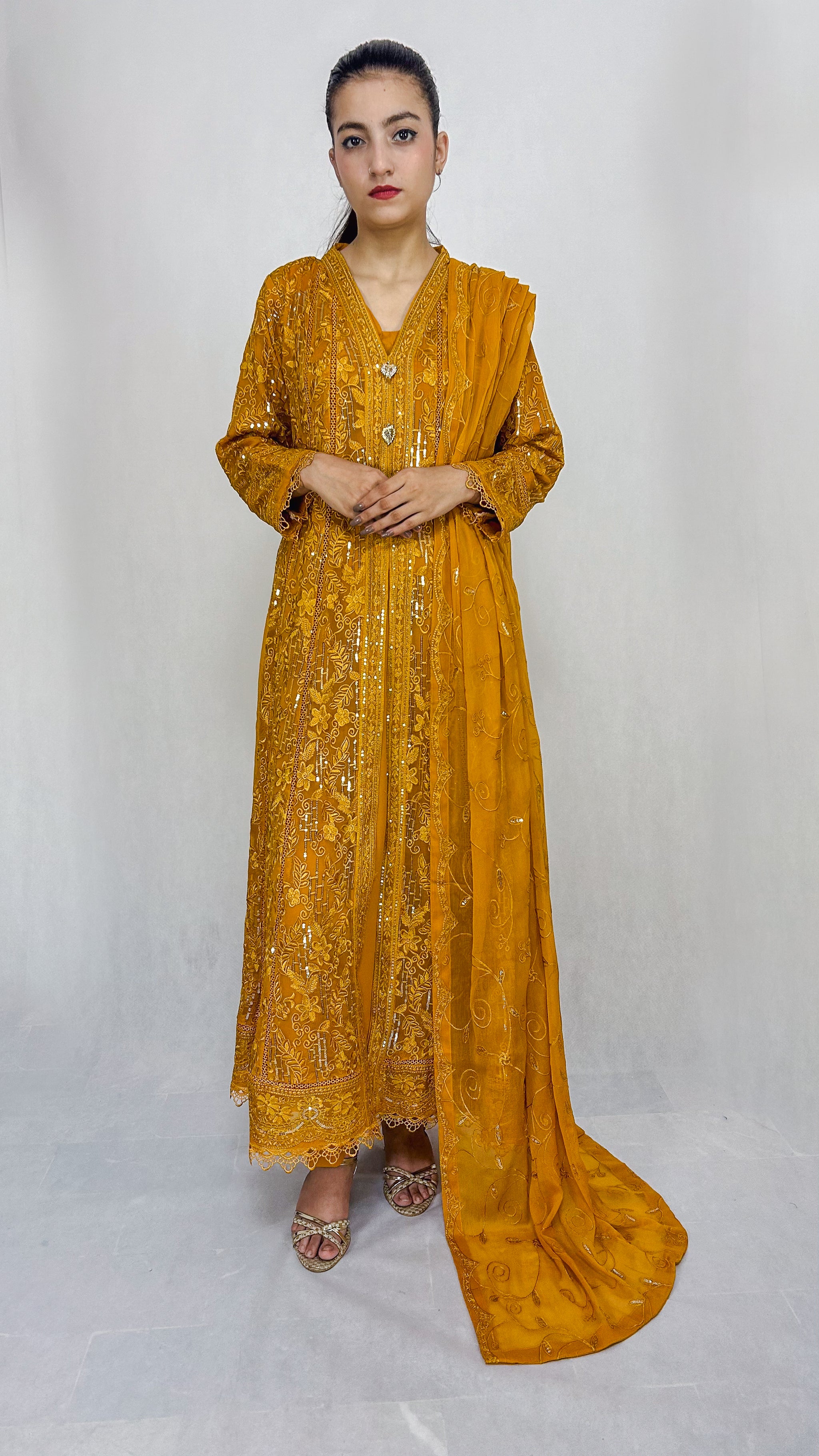 Mustard Yellow Pakistani Embroidered Chiffon Long Frock Dress Anarkali Suit for Women Complete Look Video