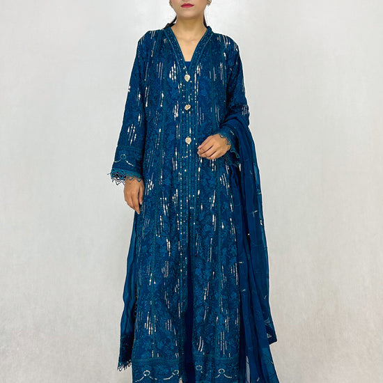 Peacock Blue Indian Embroidered Chiffon Anarkali Gown Frock Complete Look Video