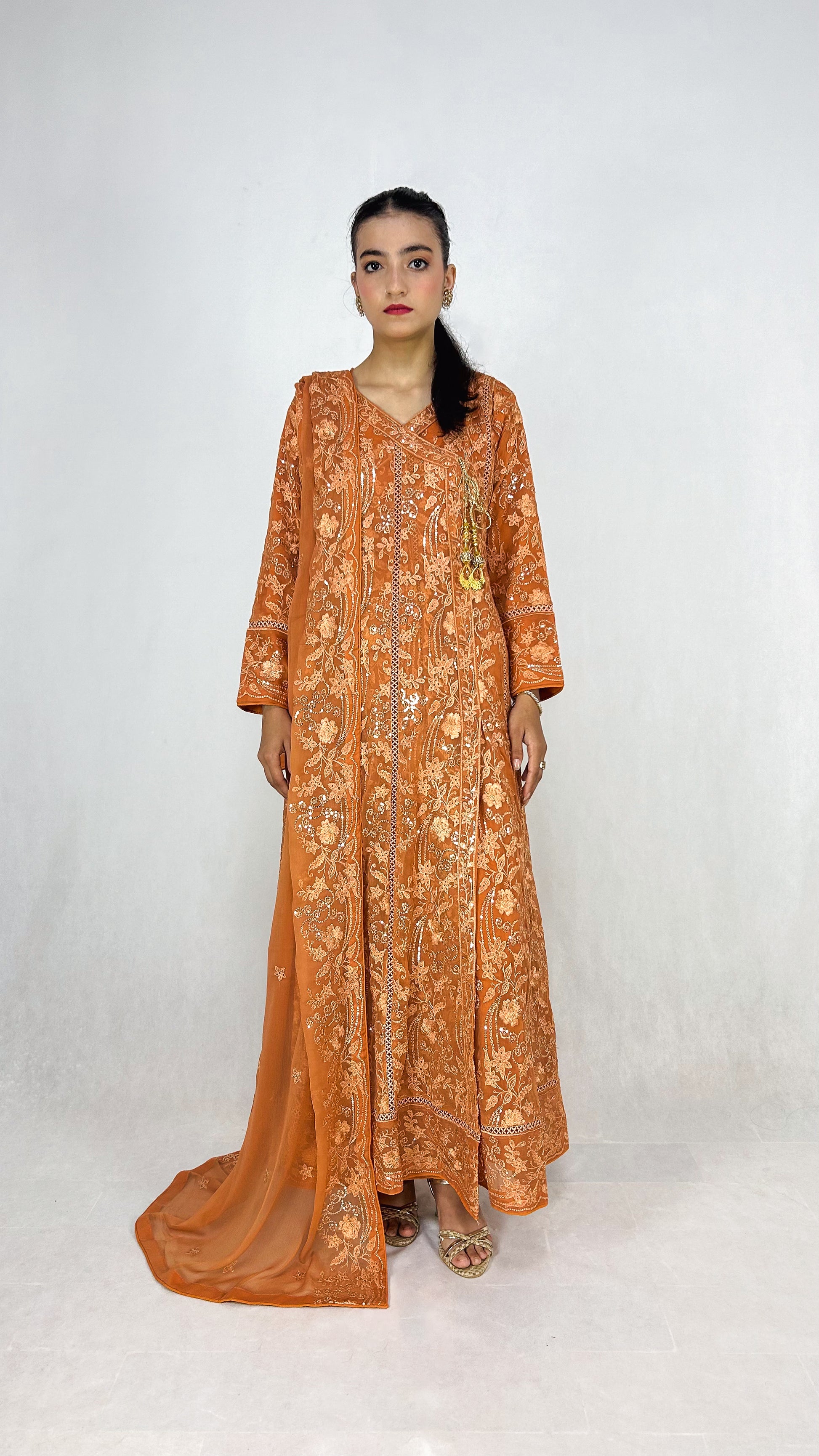 Peach Chiffon Angrakha Maxi Dress Embroidered Long Frock Complete Look Video