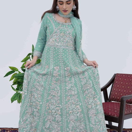Women Wearing Mint Cream Designer Chiffon Maxi Dress with Handwork Video