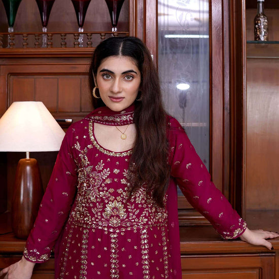 Magenta Chiffon Maxi Dress with Handwork Video