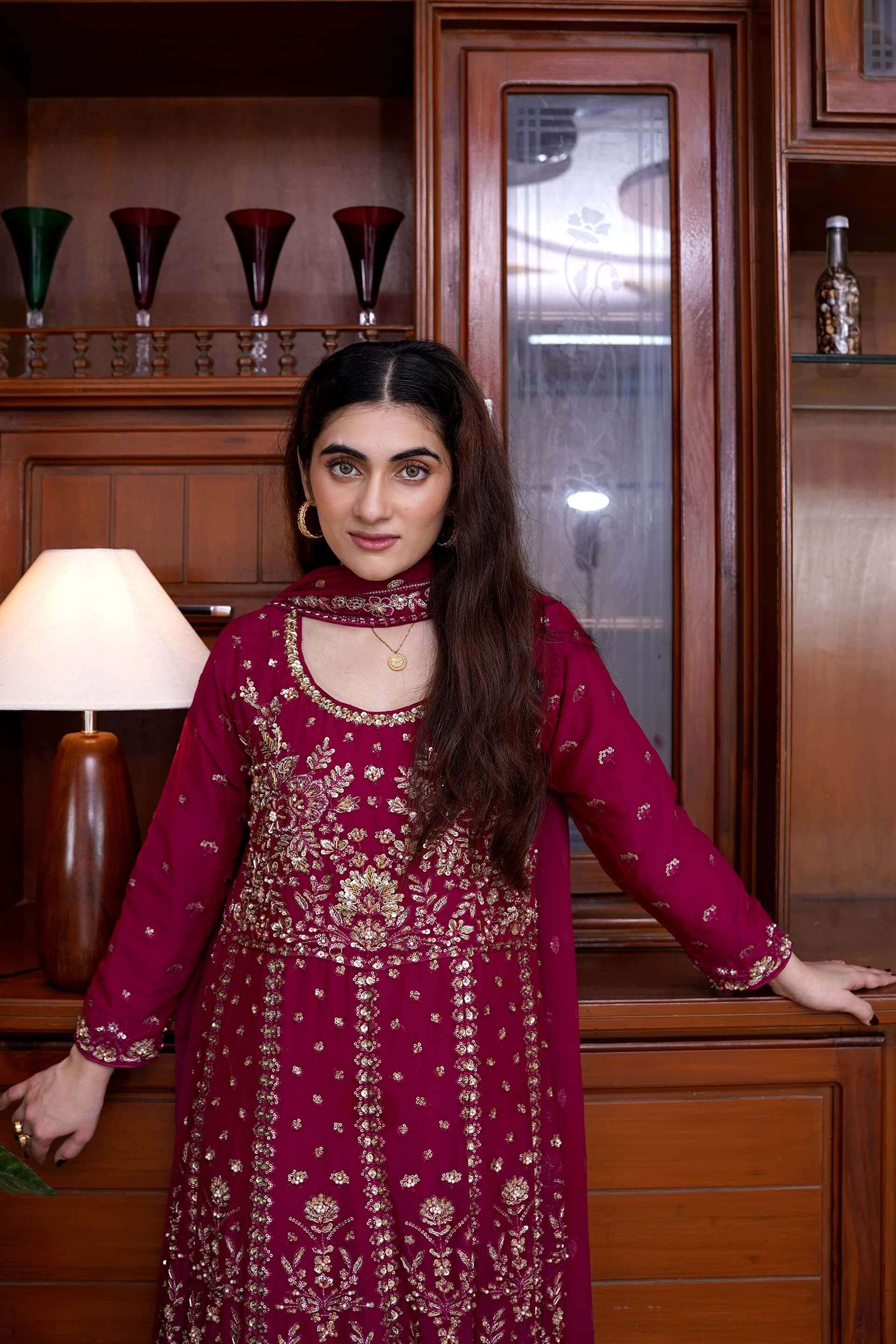 Magenta Chiffon Maxi Dress with Handwork Video