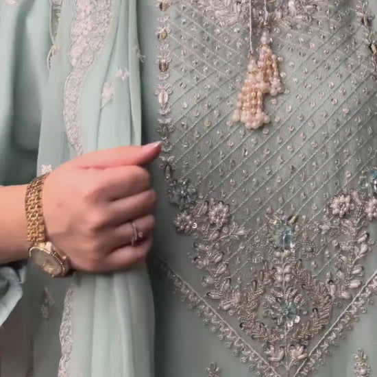 Women's Mint Green Chiffon Shalwar Kameez with Handwork video