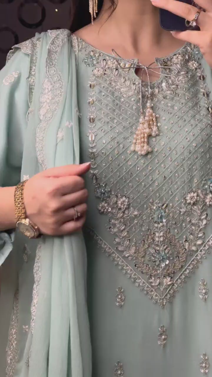 Women's Mint Green Chiffon Shalwar Kameez with Handwork video
